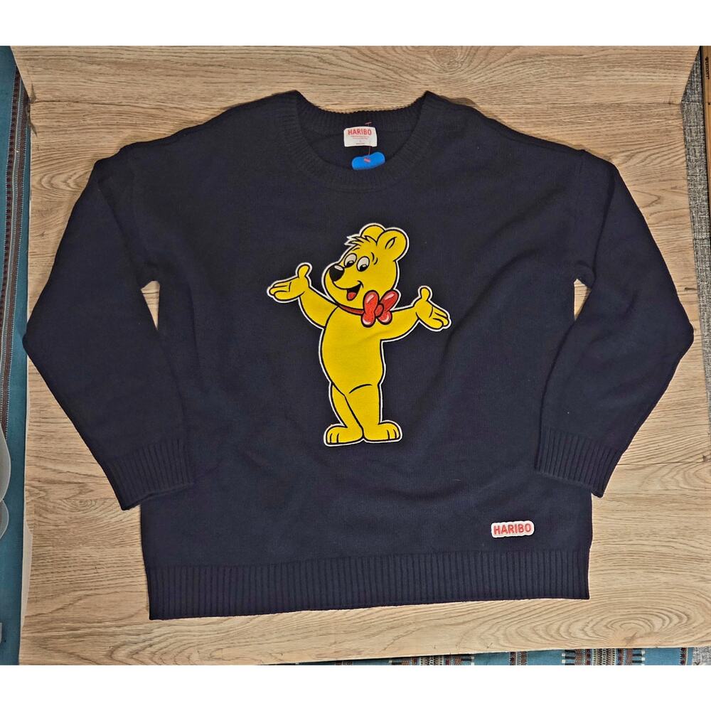 NEW Haribo Gummy Bear Blue Navy Crew Neck Goldbear Sweater Womens Size LG Large